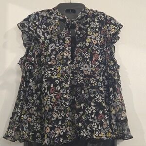 Rebecca‎ Minkoff Black Sheer Floral Short Sleeve Blouse Tiered Size M PTP 22in